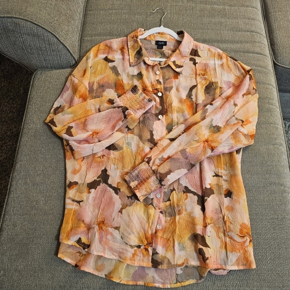 Daytrip Orange Pink Casual Abstract Watercolor Boho Sheer Button Top Large